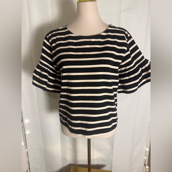J. Crew Tops - J.Crew Striped Cotton Ruffle Sleeve Top Black White Size Small Oversized